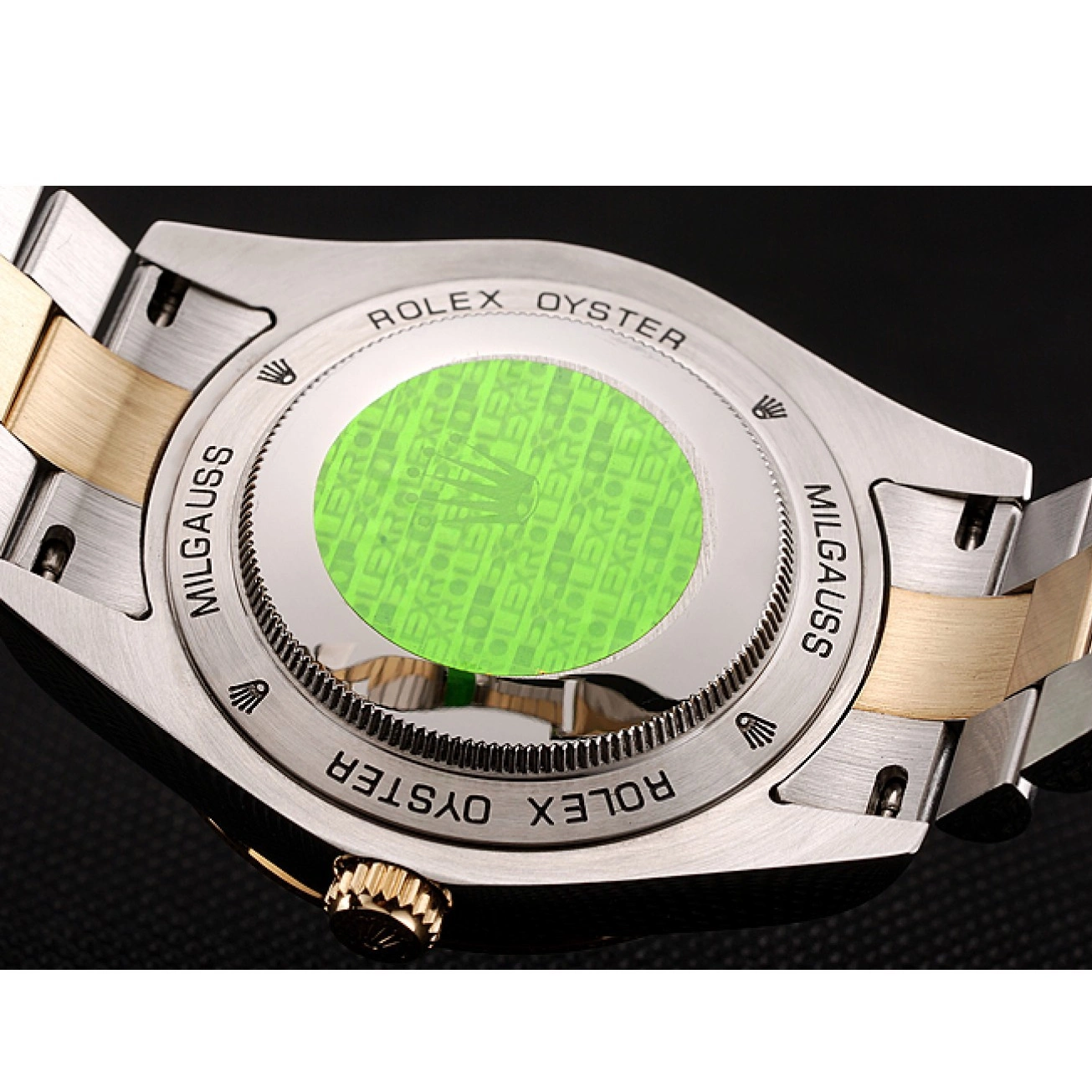 Aaa replica watch Rolex Diamond Gold Tone Dial Two Swiss Stainless Bracelet Black Steel Case Day-Date 1453975 0817